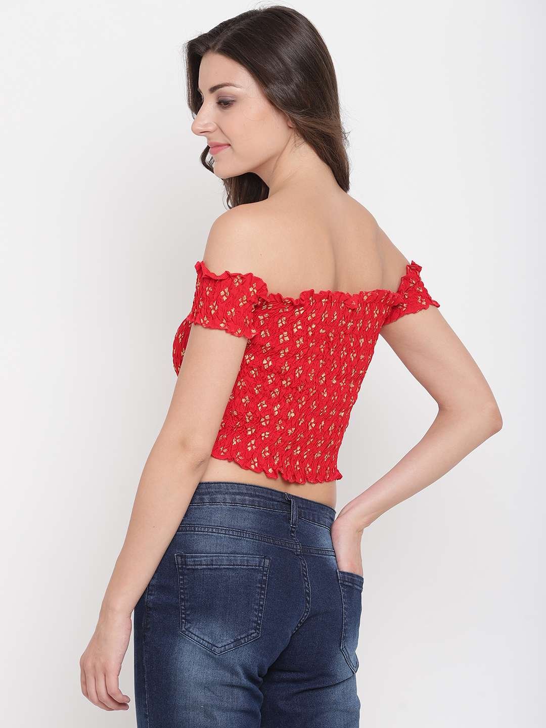 Women's Rayon Printed Off-Shoulder Smocked Crop Top Short Sleeve Casual Styles Tank Top (FREE SIZE) Multi9 - Image 3